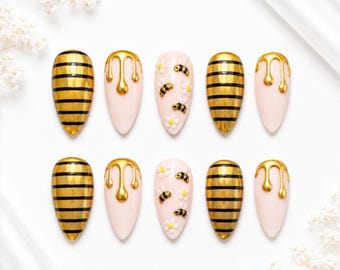 Bumble Bee Almond Press On Nails | Gold Chrome Drip 3D Art  | Handmade (10pc)