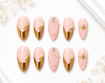 Luxury Gold Chrome Press On Nails | Blush Pink Almond Gel Nail Art | Handmade (10pc)