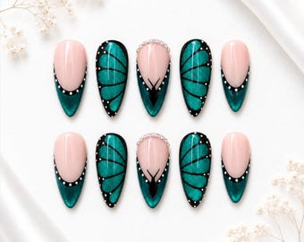 Emerald Butterfly Wing Cat Eye Almond Press On Nails | Crystal Accents, Glossy Finish (10pcs)