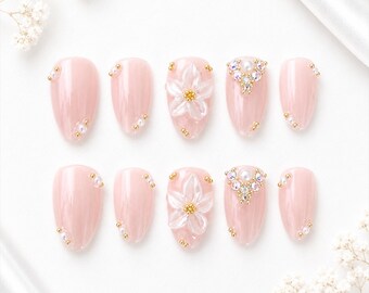 Pearl Chrome Almond Nails | Blush Pink 3D Flower Press-Ons ( 10pcs )