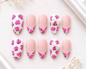 Handmade Pink Rose French Tip Nails with Pearl and Bow Accents ( 10pcs )