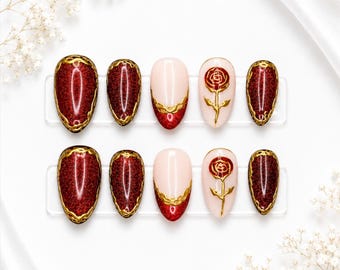 Crimson Rose Cat Eye Press On Nails | Gold Luxury Almond Set ( 10pcs )