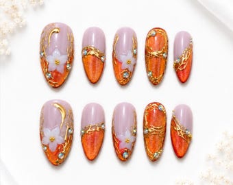 Handmade Floral Cat Eye Almond Nails | Gold Chrome Rhinestone Set ( 10pcs )