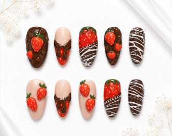 Chocolate Strawberry Press On Nails | Sweet Treat Almond Nail Set ( 10pcs )