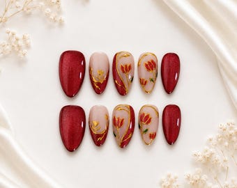 Red Cat Eye Floral Press On Nails | Gold Chrome Handmade Set ( 10 pcs )