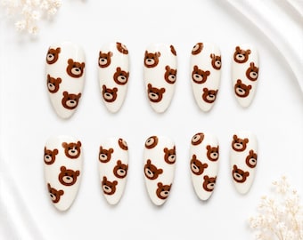 Handmade Teddy Bear Almond Press On Nails | Kawaii Brown Bear Glossy Gel Art (10pc)