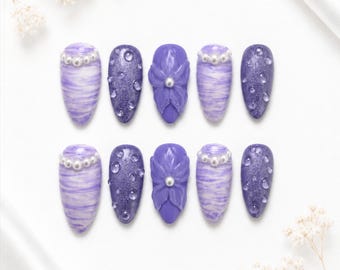 Lavender Dewdrop Cat Eye Press-On Nails | 3D Floral Glossy Almond Nails | Handmade ( 10pcs )