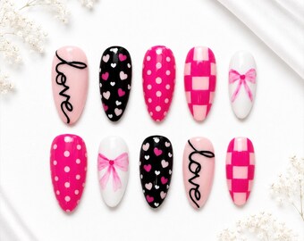 Handmade Pink Heart Bow Almond Press On Nails | Valentine's Day Set ( 10pcs )