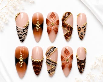 Animal Print Almond Press On Nails | Leopard, Zebra, Tortoise Shell Accents ( 10pcs )