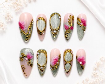Handmade Cat Eye Floral Almond Press On Nails | Gold Chrome Luxury Set (10pcs)