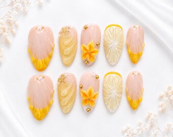 3D Yellow Floral Press On Nails | Seashell Nails | Tropical Flower Nails | Pearl & Gold Charm Nails | Handmade Press Ons (10pcs)