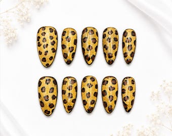 Gold Cat Eye Leopard Print Almond Nails | Luxury Animal Print Press On Set ( 10pcs )