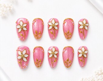 Pink Cat Eye Almond Press On Nails | 3D Floral Gold Chrome Detailing (10pcs)