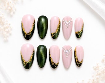 Green Cat Eye Almond Nails | Gold Chrome Rhinestone Glam Set ( 10pcs )