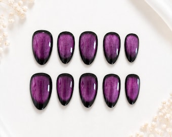 Purple Cat Eye Press On Nails | Black Aura Magnetic Handmade Set (10pcs)