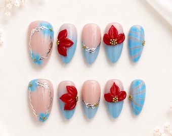 Blue Press On Nails | 3D Red Flower Nails | Floral French Tip Nails | Summer Handmade Press Ons (10pcs)