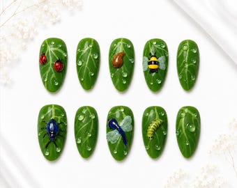 Handmade Nature Press On Nails | Ladybug, Bee, Dragonfly, Leaf Designs ( 10pcs )