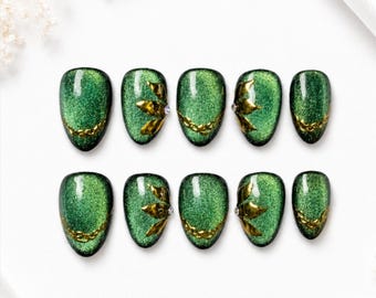 Handmade Green Blue Cat Eye Press On Nails | Emerald Gold Chrome Accents