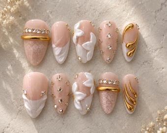 Nude Gold Jewelry Press On Nails | 3D Gold Jewelry Nails | Crystal Rhinestone Nails | White 3D Nail Art | Luxury Handmade Press Ons (10pcs)