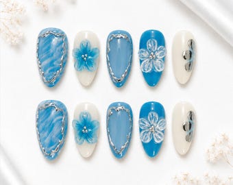Blue Floral Almond Press On Nails | Chrome Accents, Handmade Set ( 10pcs )