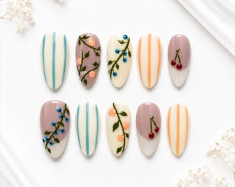 Handmade Almond Press On Nails | Cottagecore Summer Fruit Nail Art (10pcs)