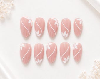 Blush Pink Floral Press On Nails | Elegant Handmade Gel Manicure (10pcs)