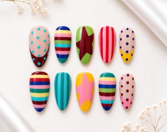 Handmade Colorful Y2K Almond Press On Nails | Retro Stripes, Dots, Stars ( 10pcs )