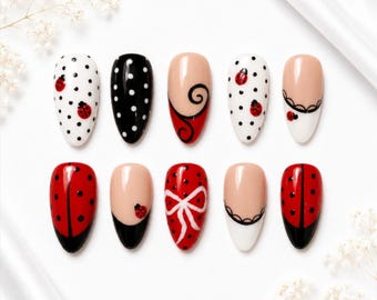 Ladybug Almond Press On Nails | Red Black Polka Dot Handmade Nail Set ( 10pcs )