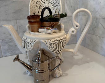 Richard Parrington Designs Garden Chair Teapot, Whitstable Kent England, 1990s Novelty Ceramic, Watering Can Seed Packet, Collectible Teapot