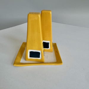 Vintage Tzahi Studio Ceramic Salt & Pepper Shakers Tray | Contemporary Israeli Art Pottery | Yellow Architectural Tower Set