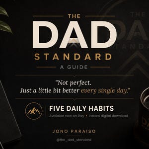 Puede incluir: Un gráfico digital titulado The Dad Standard A Guide, que incluye la cita Not perfect. Just a little bit better every single day. Contiene el texto Five Daily Habits, Jono Paraiso y el usuario @the_dad_standard en colores dorado y blanco.