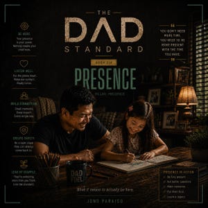 Può includere: La copertina del libro "The Dad Standard", Libro Sei, intitolato "Presence". L'immagine mostra un padre e sua figlia a un tavolo, con la scritta "Cosa significa essere veramente qui". La copertina del libro ha uno sfondo scuro con testo bianco e verde.