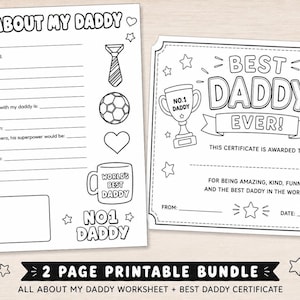 Puede incluir: Paquete imprimible en blanco y negro con una hoja de trabajo "Todo sobre mi papá" y un certificado "¡El mejor papá de todos!". La hoja de trabajo incluye preguntas para completar y espacio para un dibujo. El certificado tiene espacio para el nombre y la fecha.