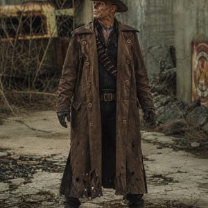 May include: A weathered brown duster coat with distressed edges and brass buttons, worn over a black shirt and trousers. The outfit includes a brown cowboy hat, a bandolier across the chest, dark gloves, and sturdy boots, creating a rugged appearance.