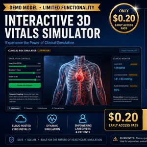 May include: A digital interface for an interactive 3D vitals simulator featuring a central human torso graphic with a glowing red heart and vascular system, surrounded by clinical monitoring data, simulation controls, and text overlays.