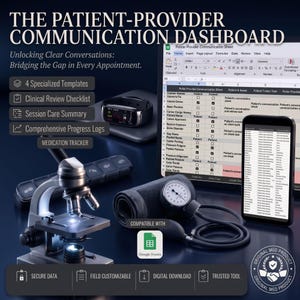 May include: The Patient-Provider Communication Dashboard digital template set includes a spreadsheet interface, a clinical review checklist, session care summary, progress logs, and a medication tracker, compatible with Google Sheets for medical documentation.
