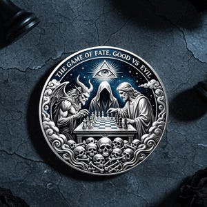 Könnte beinhalten: Eine kreisförmige Silbermünze mit einem detaillierten Relief eines gehörnten Dämons und einer Kapuzengestalt beim Schachspiel, darüber ein Auge und der Text THE GAME OF FATE, GOOD VS EVIL. Die Münze ist von schwarzen Schachfiguren, einem Totenkopf und Rosen umgeben.