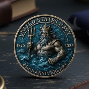 Pode incluir: Uma moeda comemorativa de bronze da Marinha dos Estados Unidos. A moeda apresenta uma imagem de um musculoso Neptuno segurando um tridente, com as palavras "United States Navy" e "250th Anniversary". Os anos 1775 e 2025 também estão inscritos.