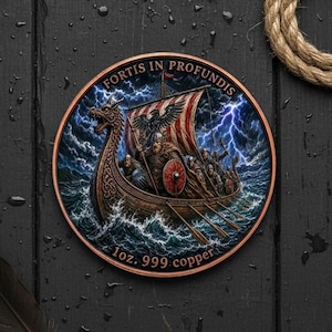 Puede incluir: Una moneda circular de cobre que muestra un barco vikingo navegando en un mar tormentoso con relámpagos de fondo. El texto FORTIS IN PROFUNDIS está inscrito en el borde superior, con 1oz 999 copper impreso en el borde inferior.