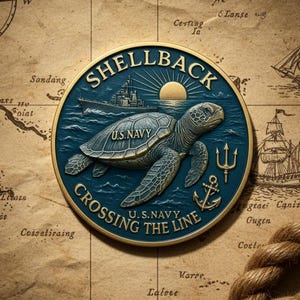 Può includere: Una moneta rotonda color oro con un design dettagliato raffigurante una tartaruga marina, una nave e il testo "SHELLBACK CROSSING THE LINE U.S. NAVY". La moneta è ambientata su uno sfondo di mappa vintage con una corda in primo piano.