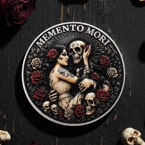 May include: A circular silver-toned coin featuring a relief design of a person embracing a skeleton, surrounded by red and white roses and small skulls. The text MEMENTO MORI is engraved along the top edge. The coin is surrounded by dark red rose petals and four small skulls.
