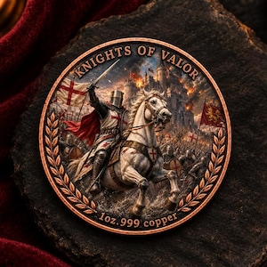 May include: A round copper coin featuring a knight in armor riding a white horse, holding a sword aloft. The background shows a castle under siege with flags. The text reads KNIGHTS OF VALOR and 1oz.999 copper, framed by a laurel wreath border.