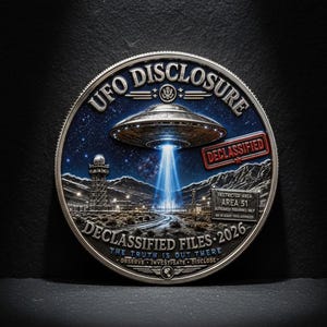 May include: A silver coin with a detailed design featuring a UFO emitting a blue beam of light over a landscape. The coin has the text "UFO Disclosure" and "Declassified Files 2026". The background shows a night sky with stars and a mountain range.