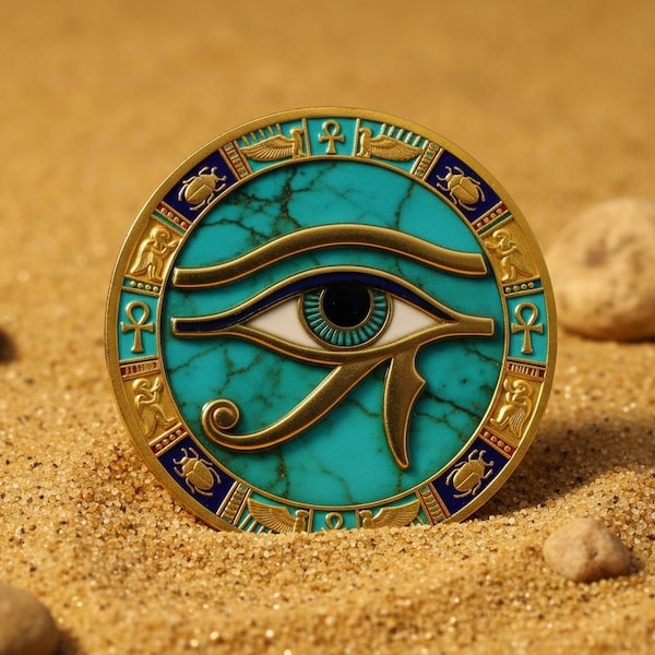 Eye of Horus Egyptian Coin – Ancient Egypt Sphinx Collectible Gift Gold Enamel Token