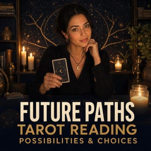 Könnte beinhalten: Eine Tarotkarte mit einem dunkelblauen Himmelsdesign, das einen Halbmond und Sterne zeigt, gehalten vor einem dunklen Hintergrund mit Kerzen. Der Text lautet FUTURE PATHS TAROT READING POSSIBILITIES & CHOICES in einer fetten, hellen Schrift.