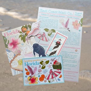 May include: A collection of Florida-themed stationery including a newsletter titled East Coast Mail Co., a postcard reading Sending sunshine from Florida, and stickers featuring a manatee, a lighthouse, a seashell, a bird, and a beach umbrella.