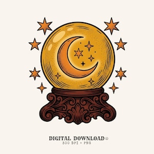 Magische Kugel PNG Boho Chic, Astrologie Geschenk spiritueller digitaler Download Kristallkugel Printable Boho Fan mystisch PNG Sternzeichen Grafik Retro