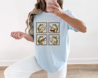 Frosch Gruppe Shirt Musik Haustiere Geschenk Frauen Cartoon T-Shirt Kröte T-Shirt Musik-Fan Comic Tshirt Tier Grafik Retro Musik Symbole Tshirt