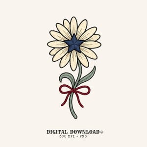 May include: An embroidery-style digital illustration of a cream-colored daisy with a dark blue star at its center. The flower has a green stem and leaves, tied with a thin red ribbon bow. Text at the bottom reads: DIGITAL DOWNLOAD 300 DPI + PNG.