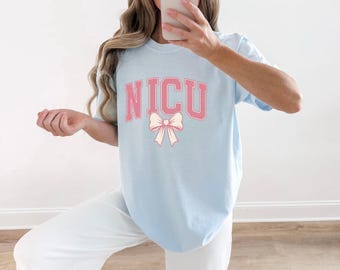 Bow Graphic Shirt NICU Nurse Medical Gift Women Varsity Tee Ribbon T-Shirt Nurse Enthusiast Letterman Tshirt Healthcare Graphic Vintage